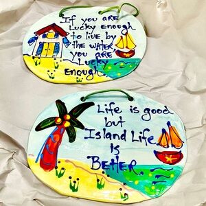 Pair of handmade wall deco ceramic beach signs by artist Maggie Reeley Key West